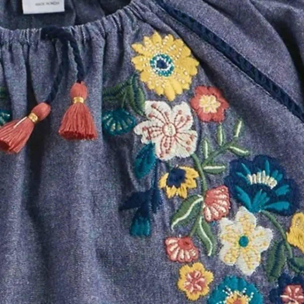 Mud Pie Chambray Embroidered Floral Denim Dress